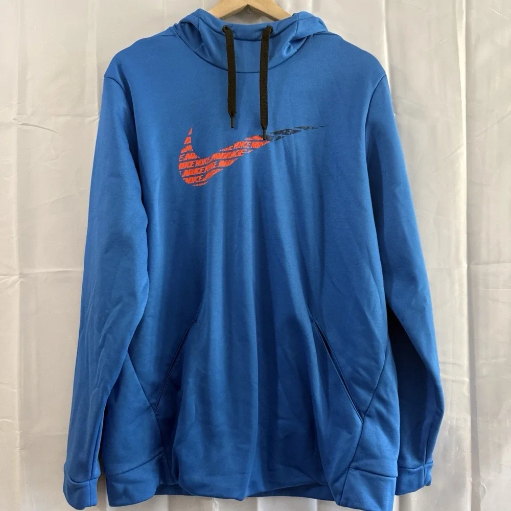 Nike Hoodie Mens Blue Orange Dri-Fit Sweatshirt Swoosh Pullover Athletic L
